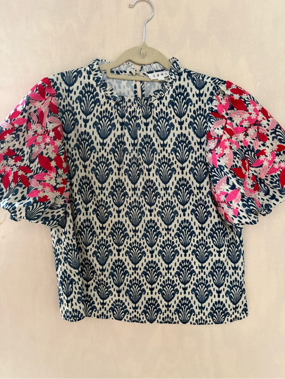THML Embroidered Puff Sleeve Top Ikat Floral Printed Peasant Blouse Blue Pink